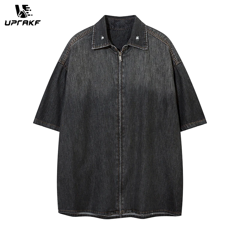 

UPRAKF Streetwear Gradient Denim Shirts Zipper Casual Summer Tops Outwear Short Sleeve High Quality Fashion