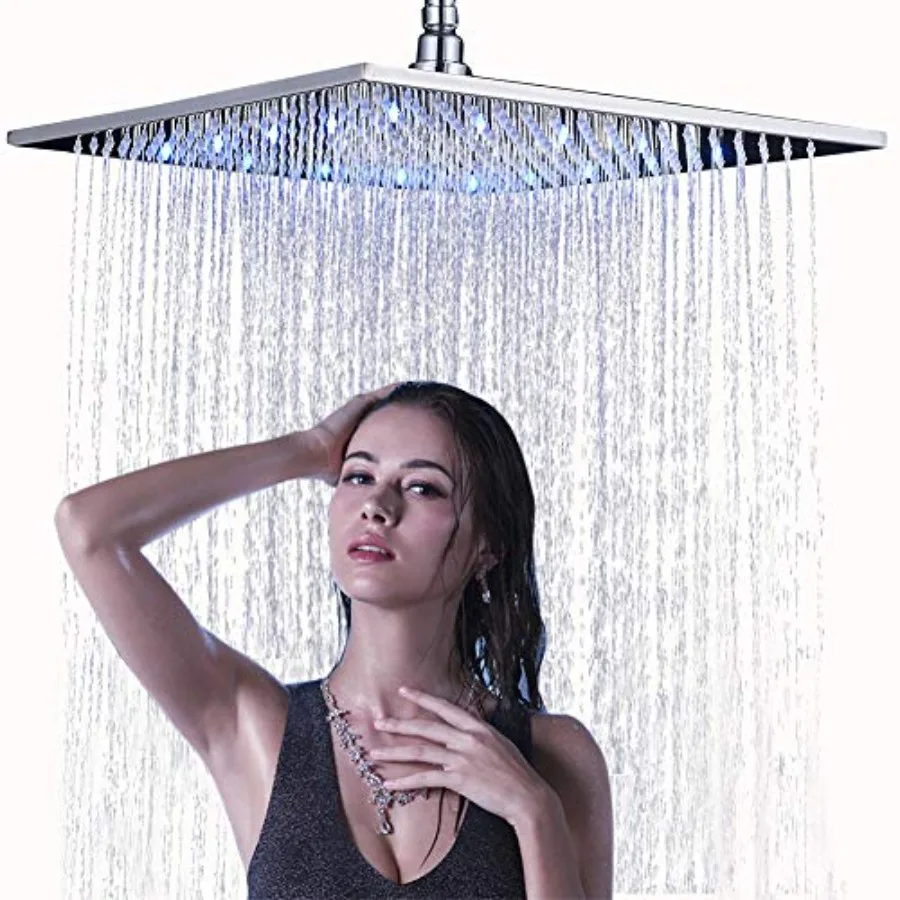 

Large 16 Inch Polished Chrome LED Shower Head with Solid Square Rainfall and Rubber Nozzles in 3 Settings