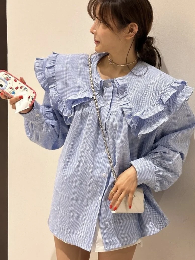 

Двухслойная клетчатая свободная женская рубашка с большим воротником, молодежная, повседневная, из хлопка и полиэстера, с длинными рукавами, для стройного силуэта
