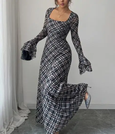 فستان نسائي لخريف وشتاء 2025 قميص منقوش أنيق ومثير بأكمام واسعة وتنورة معانقة على الورك فستان نسائي #1