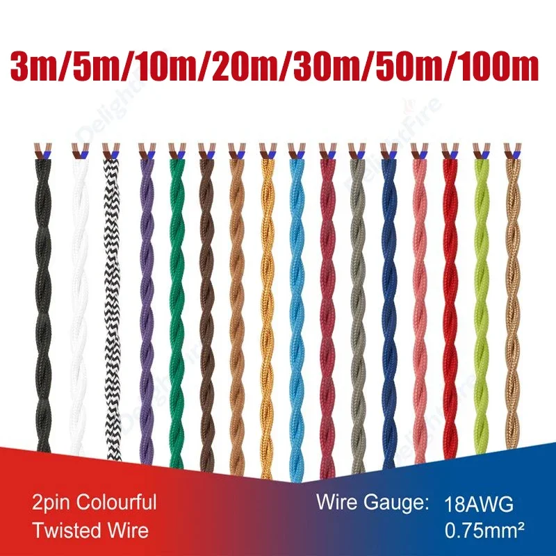 2-adriges Vintage-Elektrokabel aus gedrehtem Stoff, 18 AWG, 2-poliges Lampenverlängerungskabel für Kronleuchter, Edison-Glühbirnen, Ventilatoren, LED-Beleuchtung, DIY