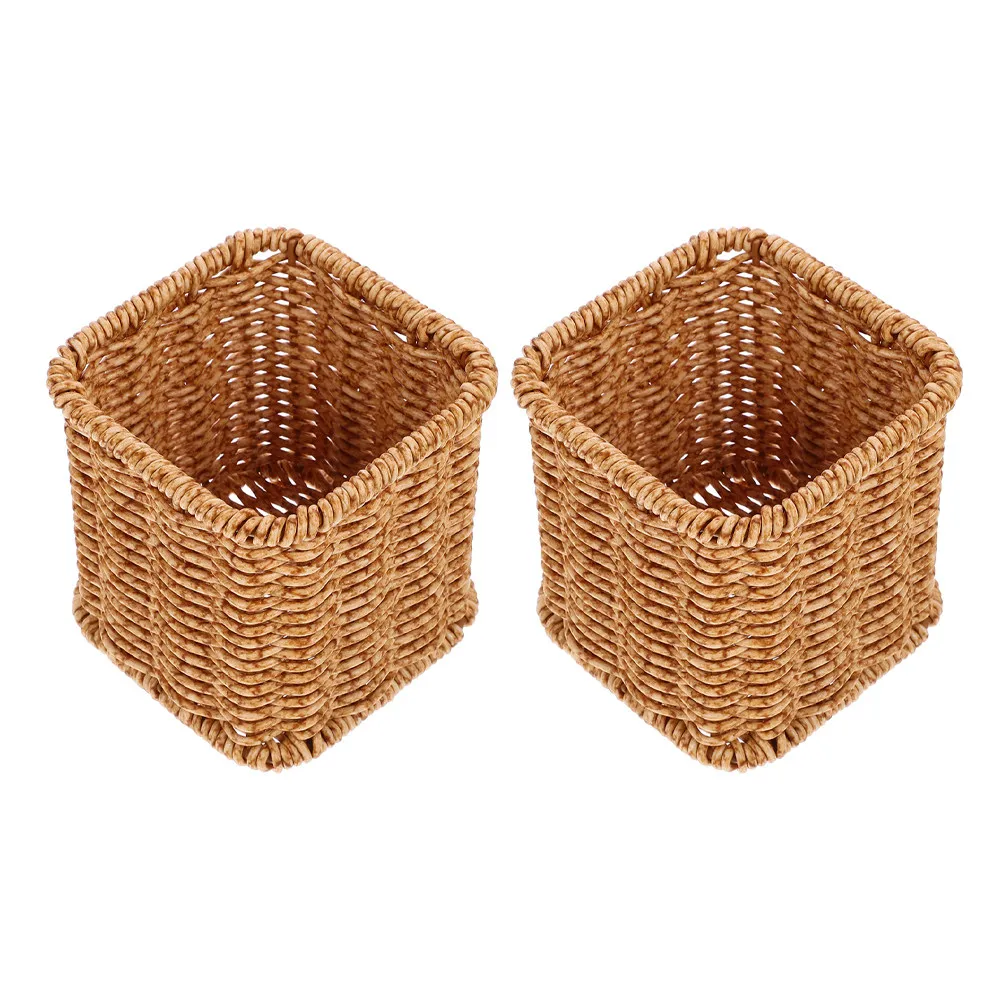 2Pcs Desk Organizer Faux Rattan Pen Holder Multifunctional Makeup Brush Storage Case for Office Vanity Brush Holder for Vanity