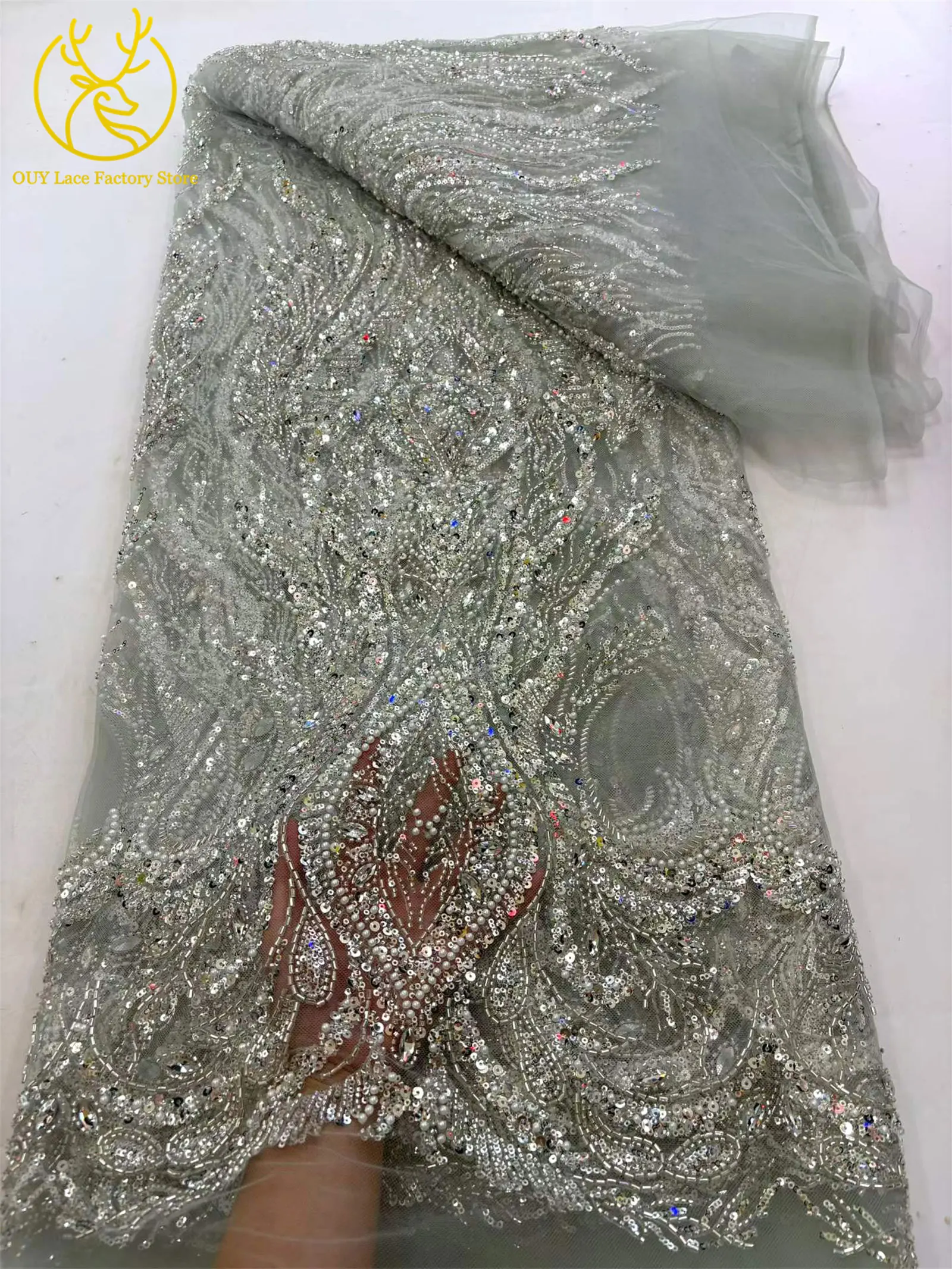 Luxuriöser Brautkleid-Spitzenstoff mit Perlen und Strass 2026 – Deluxe Afrikanische Nigerianische Pailletten-Stein-Mesh-Spitze für Damen-Partykleider zum Nähen – Detail 10
