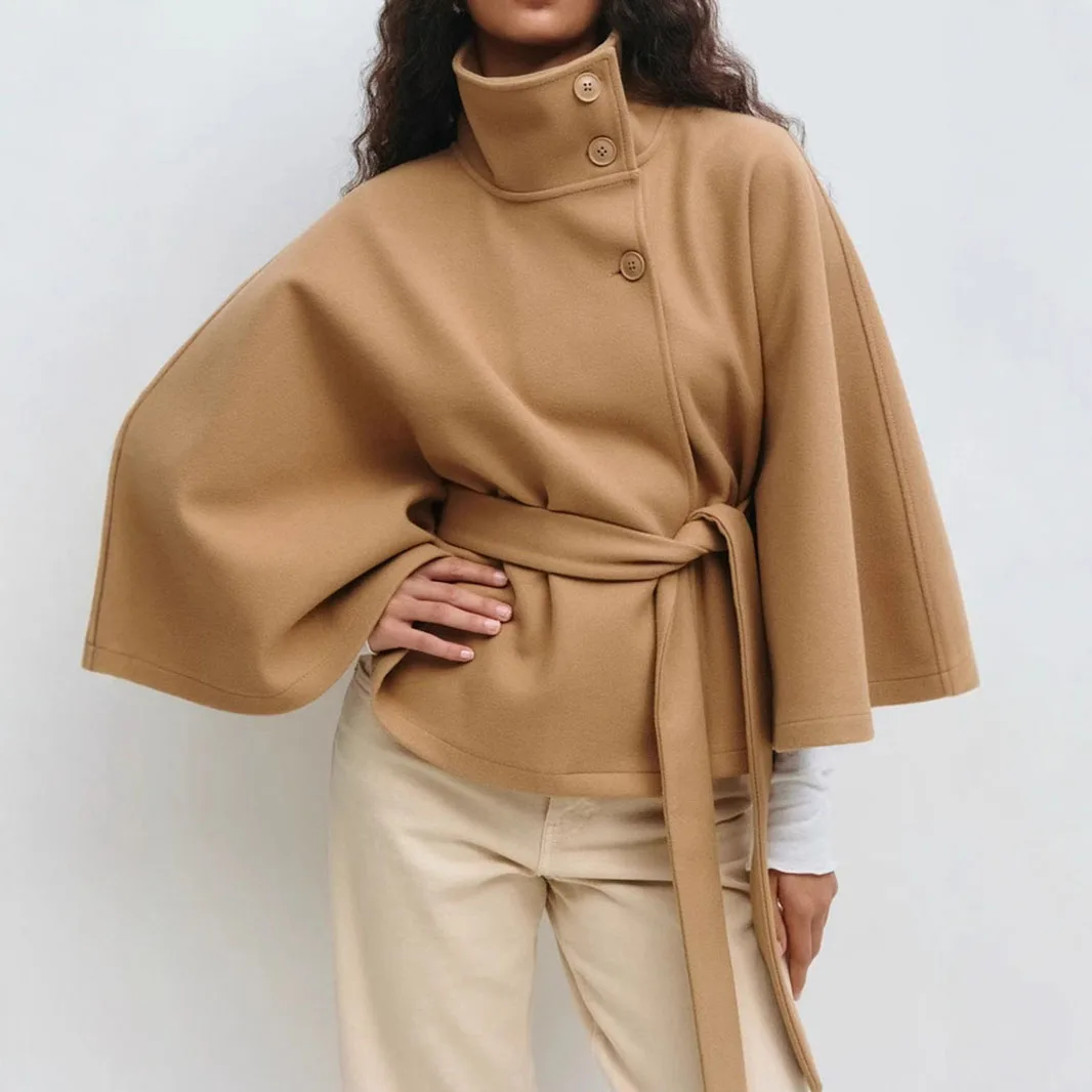 Damenjacken mit Schnürung und hohem Kragen, mit Gürtel, elegante Windjacke, aus Kunstwollmischgewebe, im Streetstyle, einfarbige Windjacke, Umhang. – Detail 3