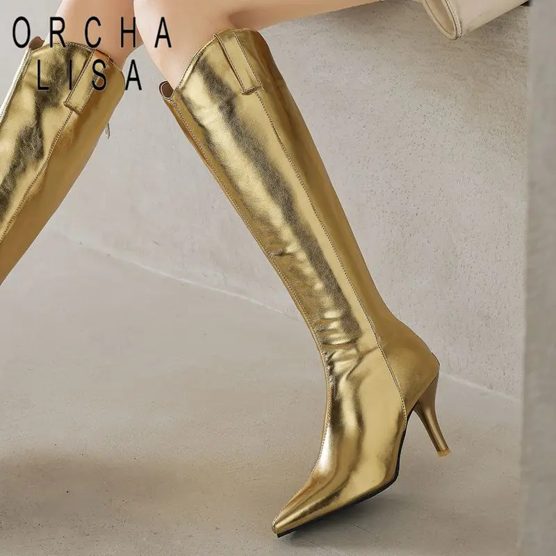

ORCHA LISA Модные женские сапоги до колена с острым носком 8 см на шпильке с застежкой-молнией Большой размер 46 47 48 Сексуальная вечеринка для свиданий Bota Female Slim
