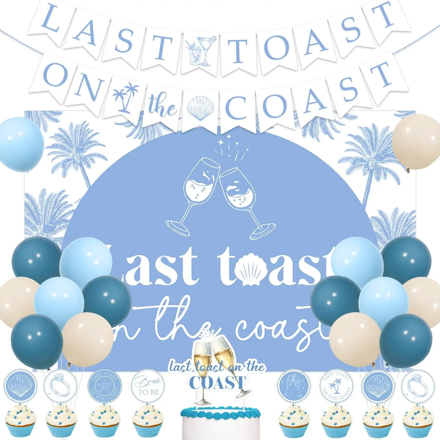 

Joymemo Last Toast on The Coast Decorations Summer Beach Bachelorette Party Decor Blue Champagne Shell Palm Engagement Supplies