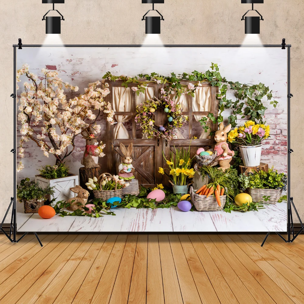 Laeacco Spring Easter Backdrop Rabbit Flower Indoor Decor Baby Shower Portrait Photography Background Bunny Gray Plank Photocall