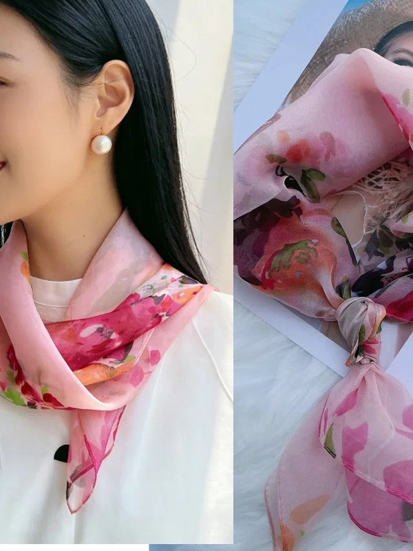 cfrey-ヴィンテージ花柄シルクスクエアスカーフ薄いシルクシフォン多用途ファッショナブルなネクタイ夏装飾植物花柄