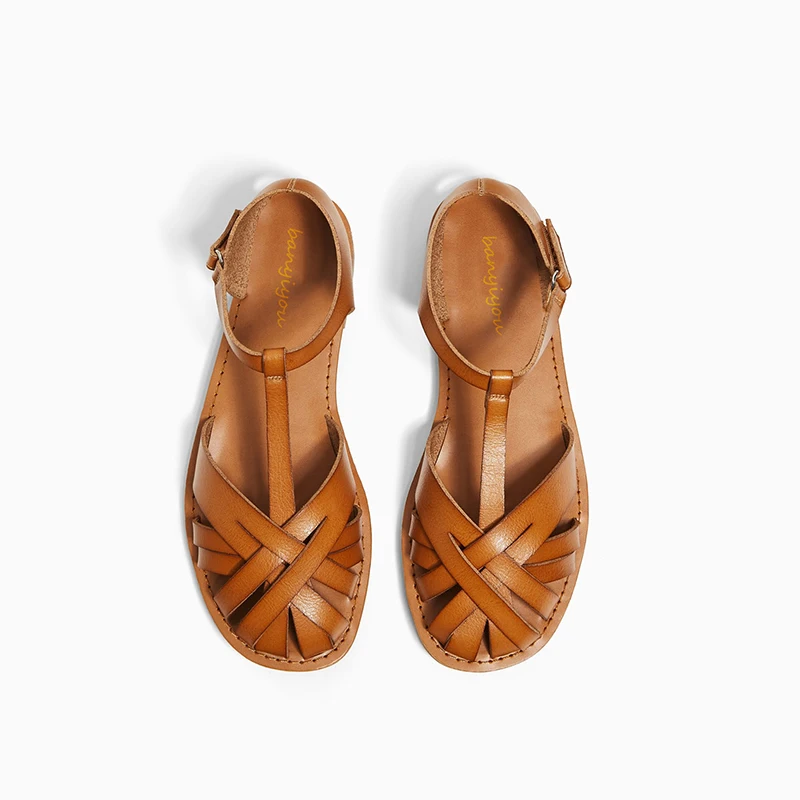 2024 Summer Flats Sandals Shoes Brown Genuine Leather Buckle Strap Gladiator Sandalias Femininas Mujer Flat Single Shoes Woman