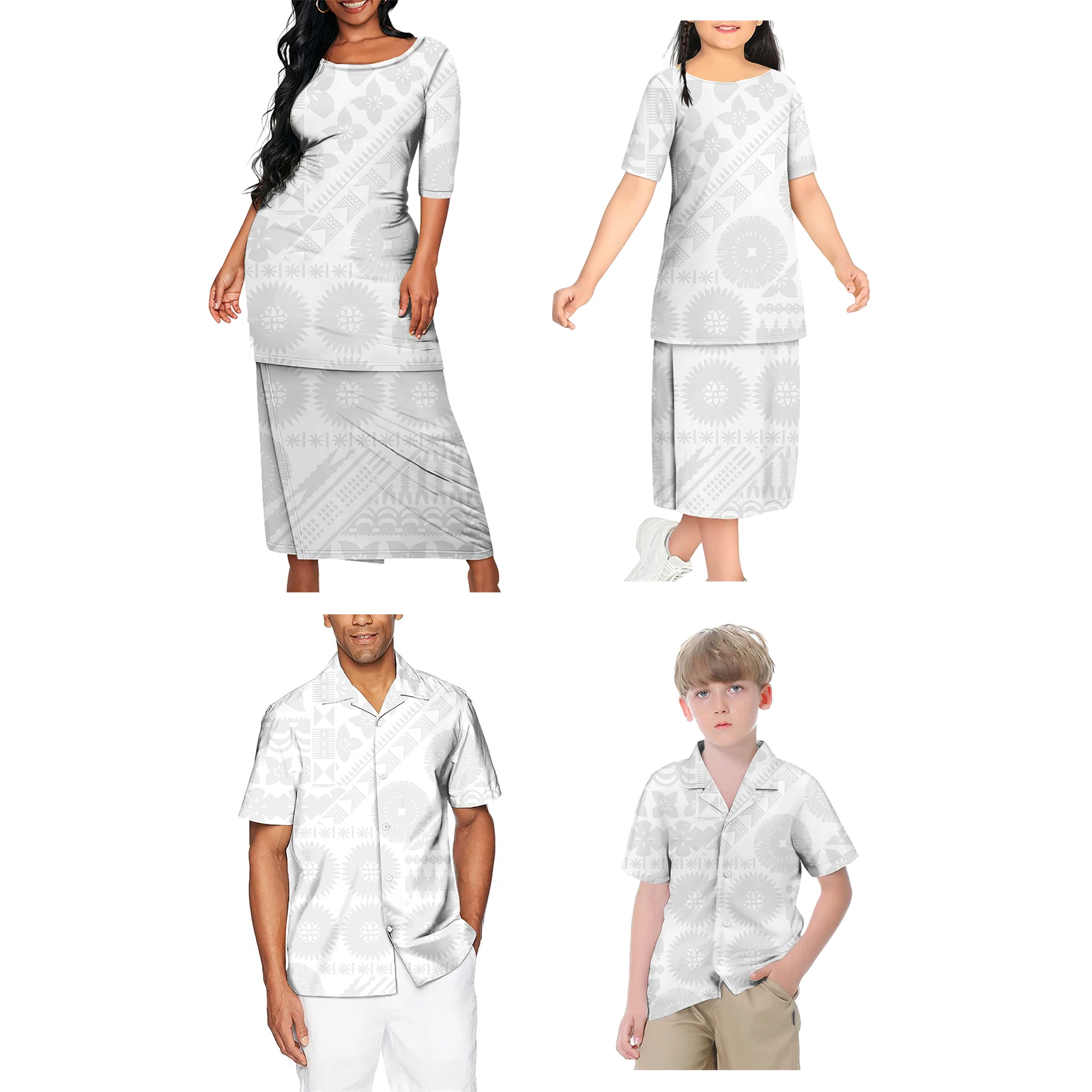 White Girls' Clothing Sets Polynesian Tribal Samoan Tonga Fiji Print Custom Matching Family Clothing Outfits Boys Clothing Sets