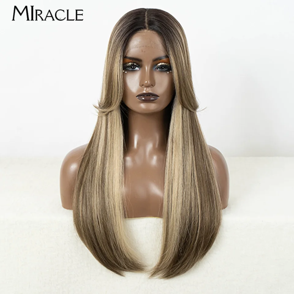 

MIRACLE Straight Synthetic Lace Front Wig 24inch Blonde Wig for Women Lace Wig Straight Hair Daily Use Cosplay Wig with Bangs