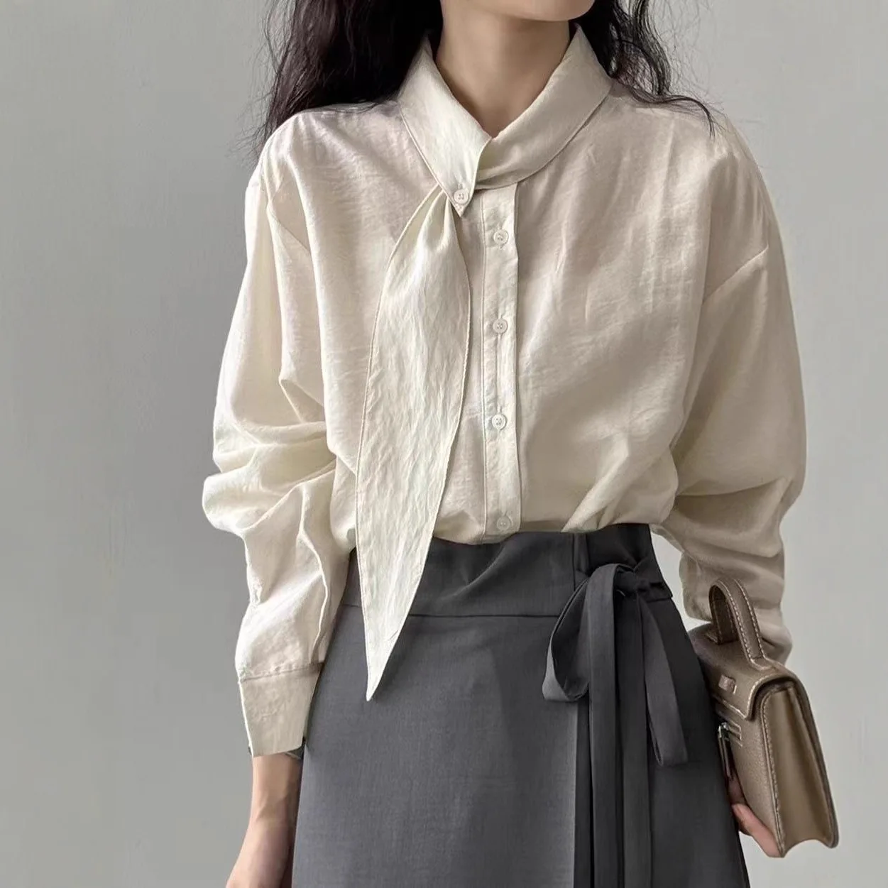 Dark Grey Self-Tie Neck Tie Collar Long Sleeve Blouse Women Wrinkle Textured Loose Office Button Down Shirt
