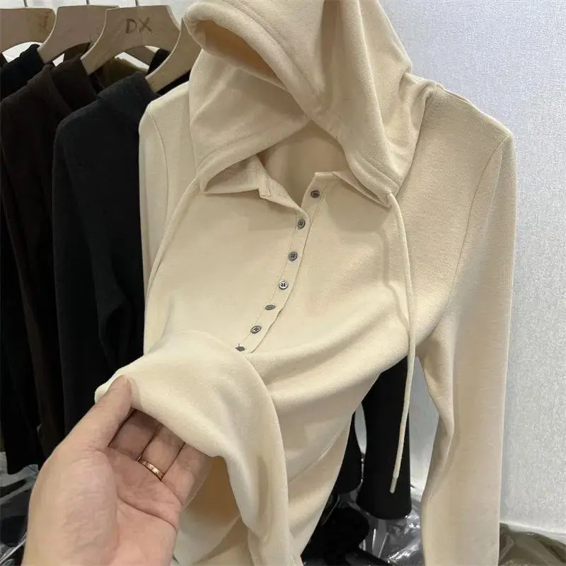 Ultra Soft Double-sided Solid Long Sleeve Hooded Thermal Base Shirt Trendy Autumn Winter New Style Versatile Women Top