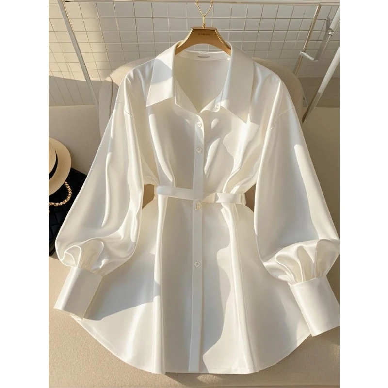 Autumn New French Temperament Waist Top Fat Light Luxury Senior Sense Age-reducing White Long-sleeved Shirt Women Comfort