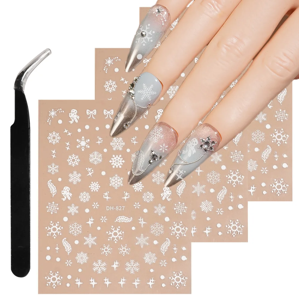 1/5/10 pièces flocon de neige arc plume ongles autocollants hiver noël 3D plat Nail Art décalcomanies bricolage manucure décoration avec pince à épiler