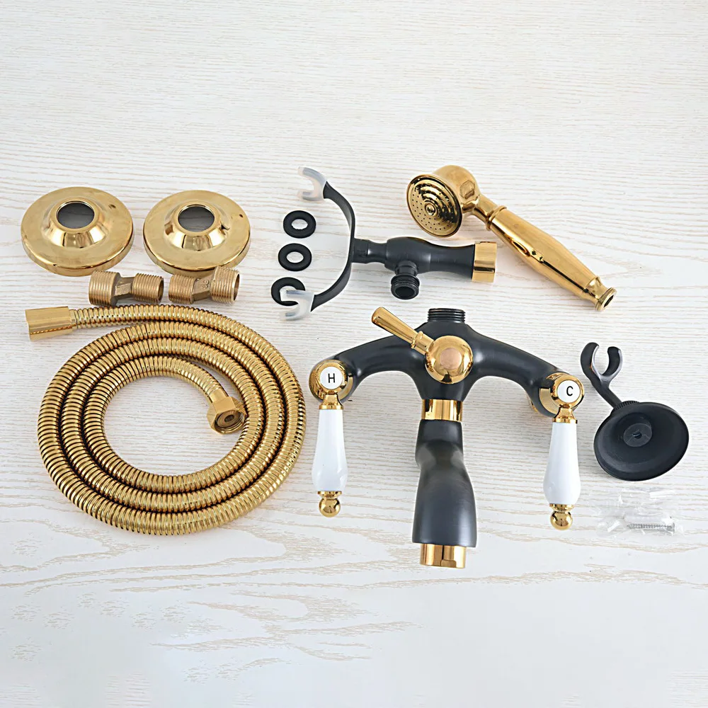 Gold & Black Oil Rubbed Brass Wall Mounted Bathroom Bath Tub Faucet Set with 1500MM Hand Held Shower Spray Mixer Tap 2na551