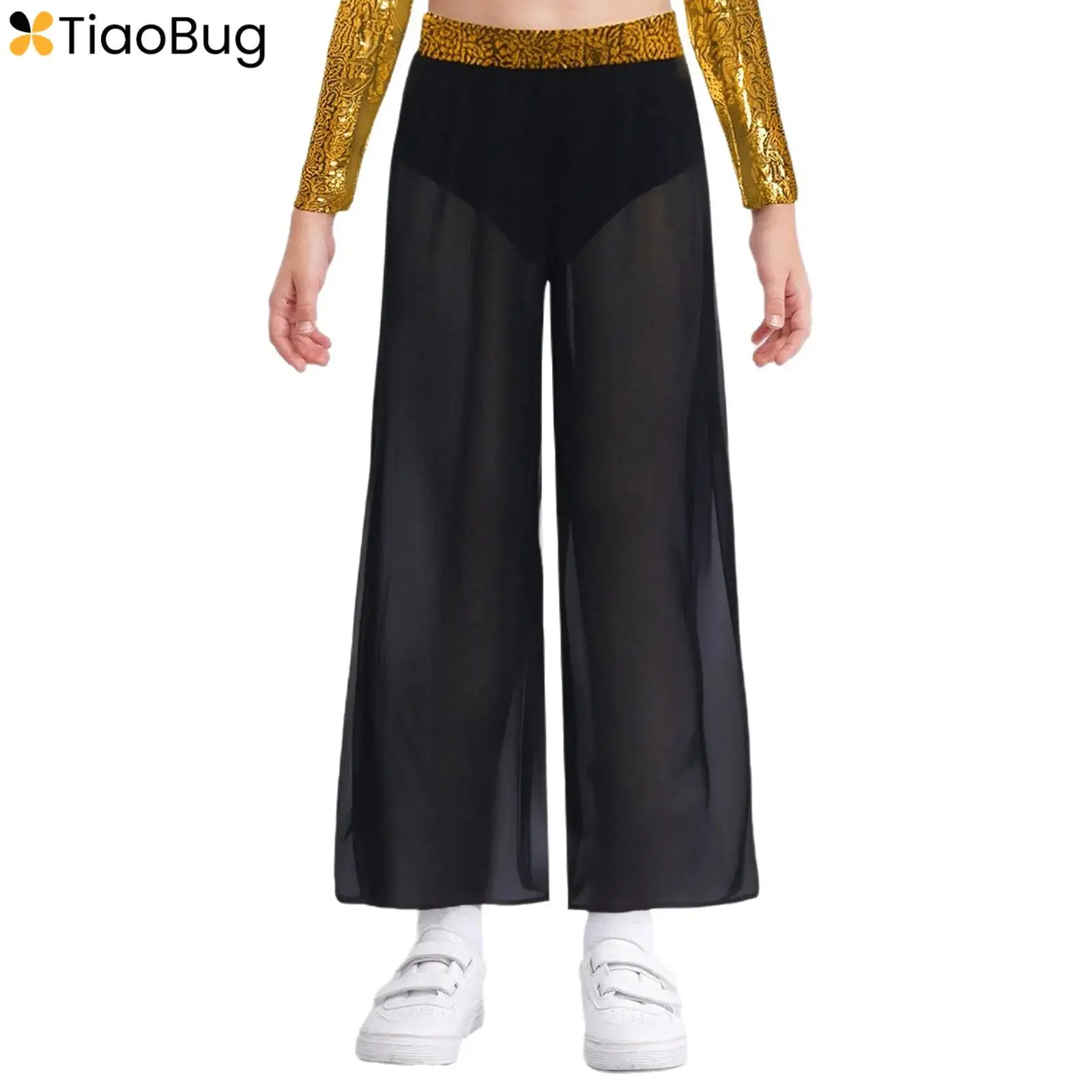 

Girls Jazz Latin Dance Pants Sequin Waistband Flowing Chiffon Overlay Side Slit Wide-Leg Pants for Lyrical Dance Performance