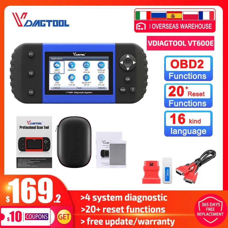 

VDIAGTOOL VT600 E OBD2 Scanner Engine ABS SRS EPB Oil Service Reset Injector Coding VT600e obd2 Diagnostic Tools Free Update