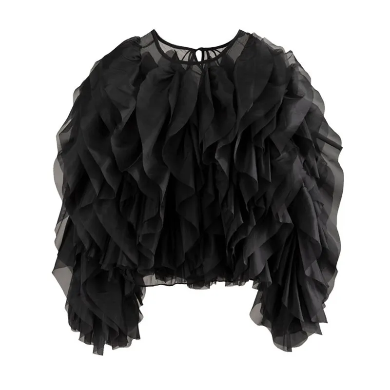 Twotwinstyle Ruches Shirts Voor Vrouwen O-Hals Lantaarn Mouw Losse Trui Zomer Blouse Dames Mode Kleding 2023 Nieuw
