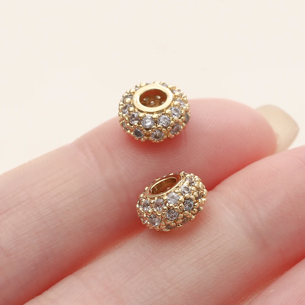 2Pcs/Lot 18K Gold Plated Brass Flat Round Spacer Charm Beads with Zircon for DIY Bracelet Necklace Jewelry Making Accessories