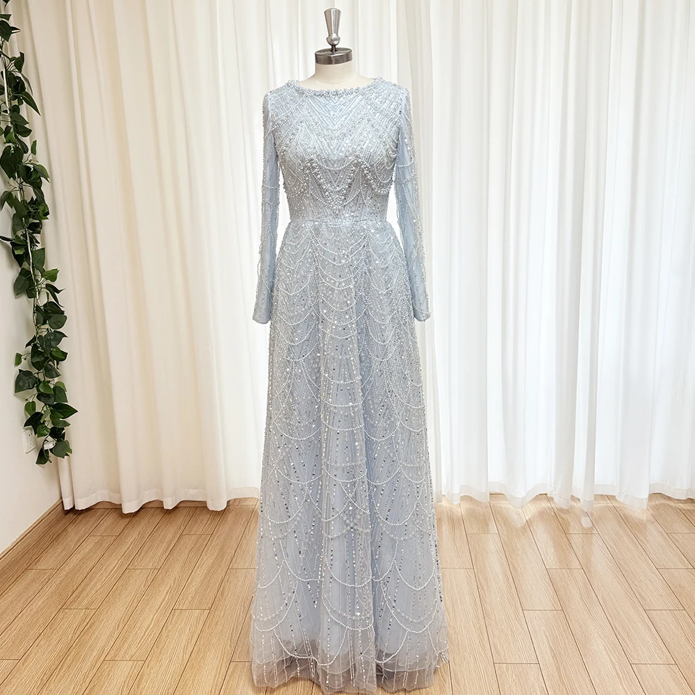 우아한 무슬림 진주 이브닝 드레스 2025 럭셔리 A라인 롱 슬리브 비즈 장식 정장 프롬 웨딩 파티 가운 여성 맞춤 제작