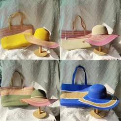 Hat and Bag Set Women's Striped Design Summer Straw Hat Travel Bag Fashionable Breathable Straw Hat Ladies Beach Sun Two Hat