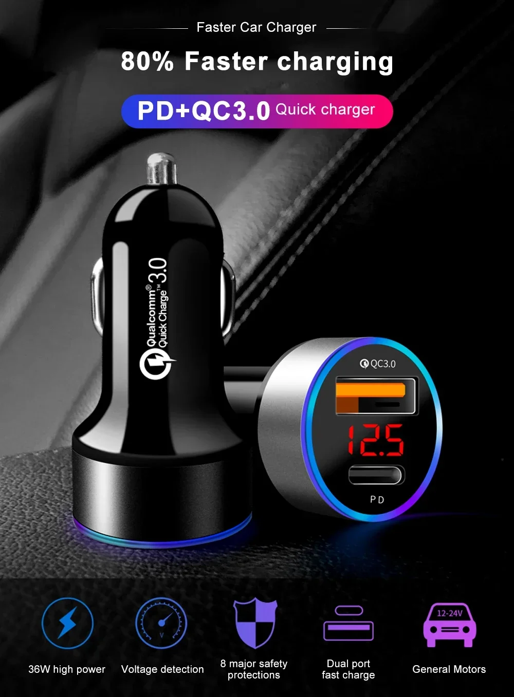 QC3.0 Fast Charging USB Charger Cigarette Lighter Adapter 2-in-1 Car Charger 38W PD20W For iPhone/Android Phone Charger