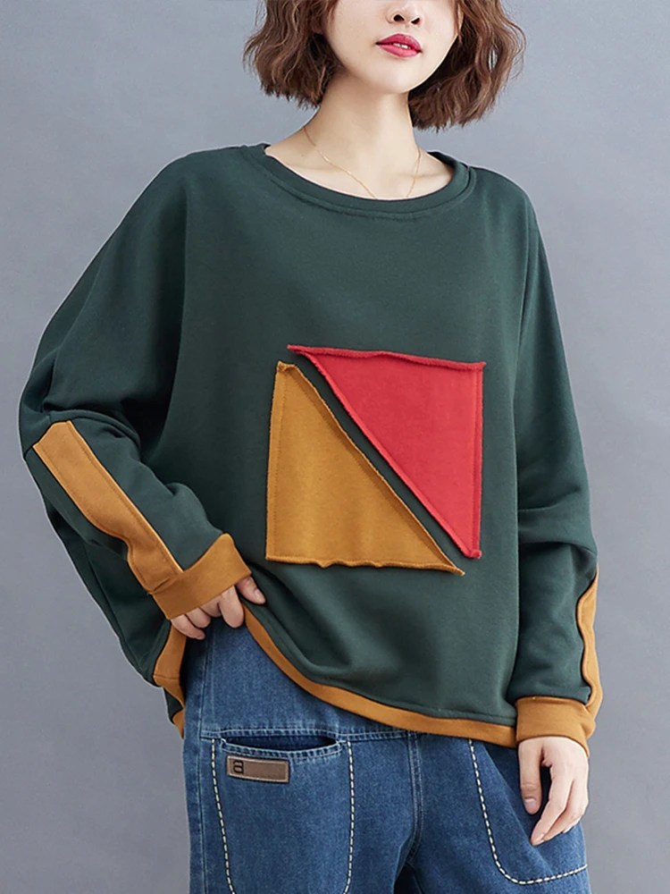 Oversized 2023 Autumn Patchwork Long Sleeves T Shirt Loose Casual Women Korea Ladies Womens Cotton T-shirt New Woman Red Tshirt