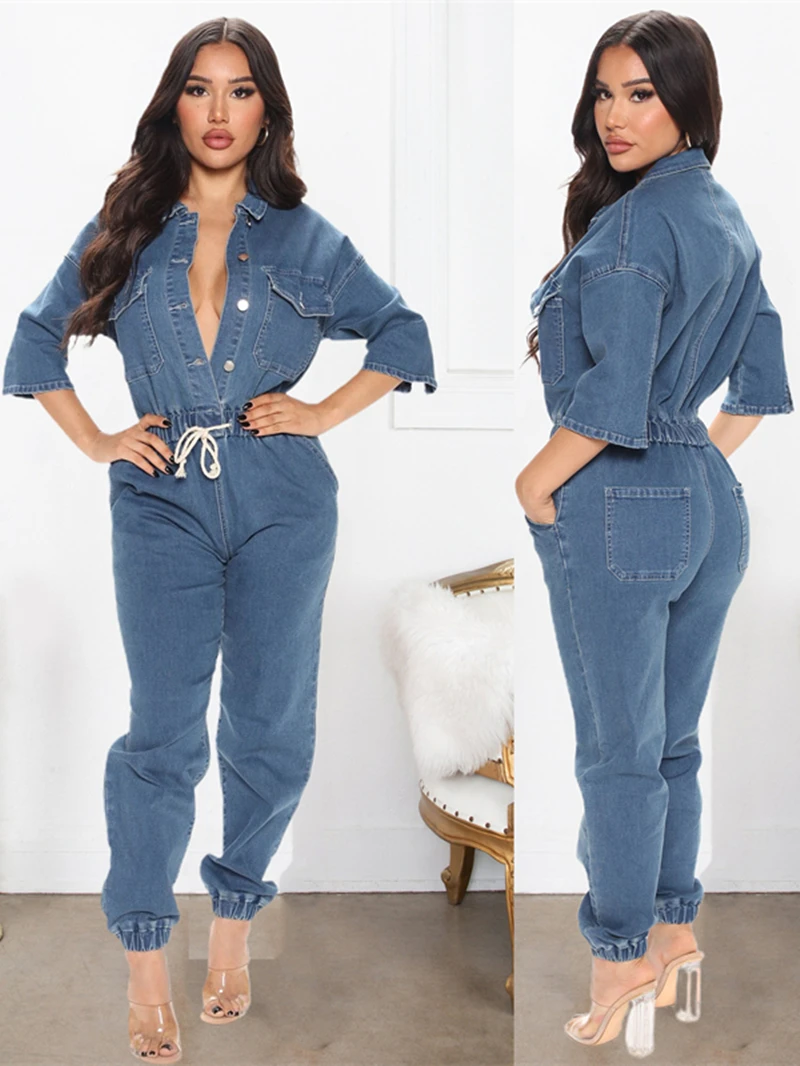 Streetwear Denim Jumpsuits Women Summer Clothes Half Sleeve Button Up Long Rompers Playsuits One Pieces Jeans Pants Outfits