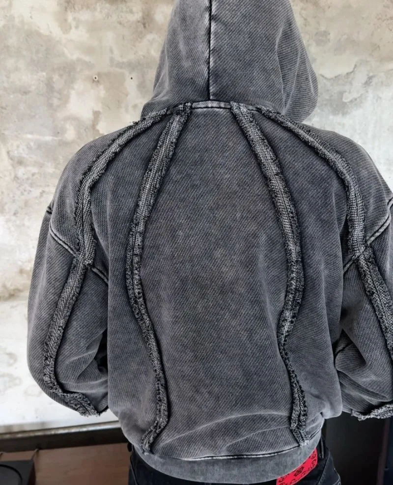 Winter Hiphop Street Jacket Retro Patchwork Hoodie Stitching Line Zipper Hoodies Men Women Harajuku Goth Hooded Sweatshirts Y2k