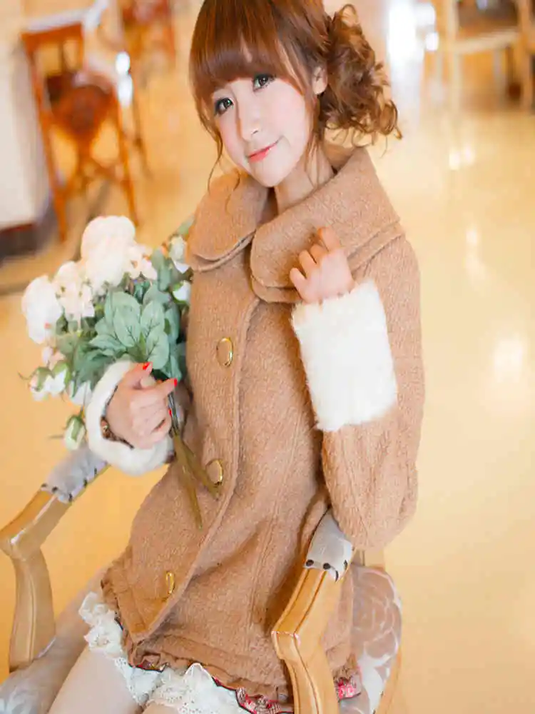 SALES Japan Liz Lisa Double Layer Collar Winter Thick Fleece Fur Sleeve Coat Outerwear