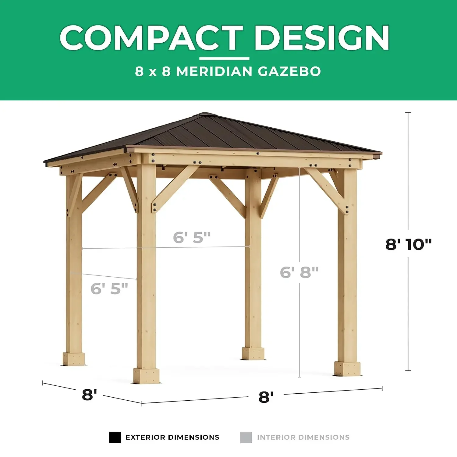 8 x 8 Meridian Cedar Wood Gazebo Pavilion for Patios, Decks, Garden, Backyard, Durable, Aluminum Roof, Customized