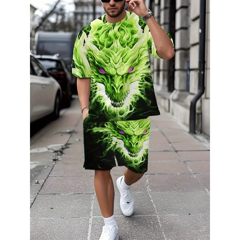 

2025 New Summer Men's Shorts Short Sleeved Set Two-piece Round Neck T-shirt Fashionable 3D Digital Printed Dragon Pattern