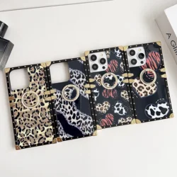 Hide Finger Ring Holder Kickstand Phone Case for iPhone 15 14 13 12 11 Pro Max Fashion Heart Leopard Pattern Straight Edge Cover