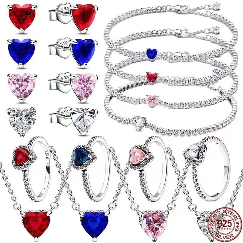 

New Classic 925 Sterling Silver Dazzling Various Colors Heart-shaped Rings Earrings Bracelet Exquisite Charm Jewelry Party Gifts