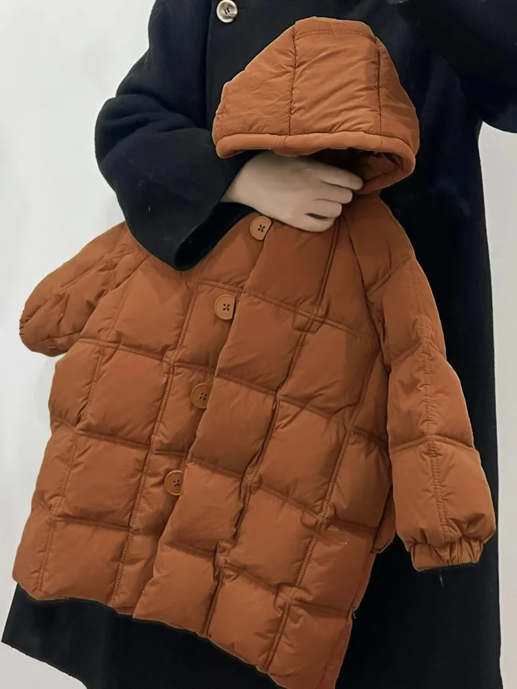 Men's and women's medium to long checkered cotton clothing, children's thick warm hooded jacket, Korean children's clothing, win