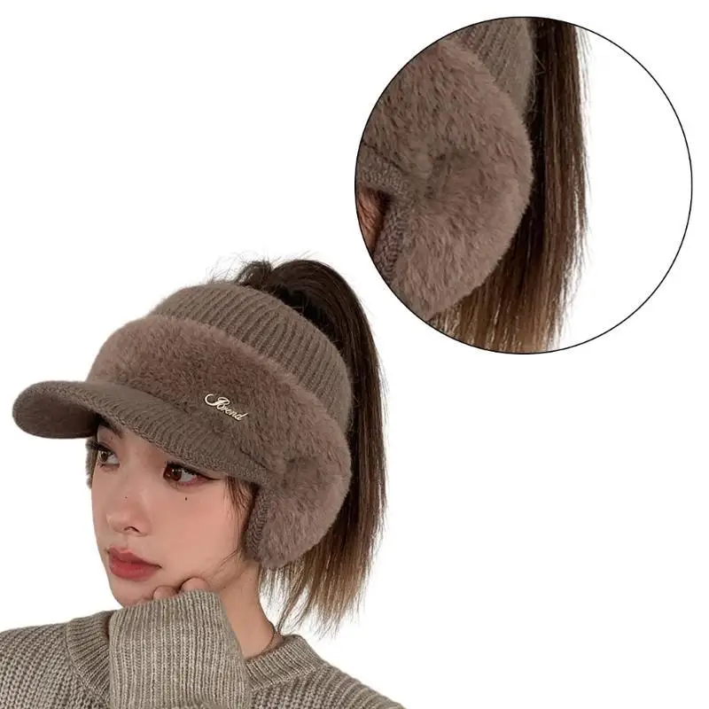 

652F Knit Baseball Hat Handmade Ear Warmers Head Wraps for Women Girls Bomber Hat