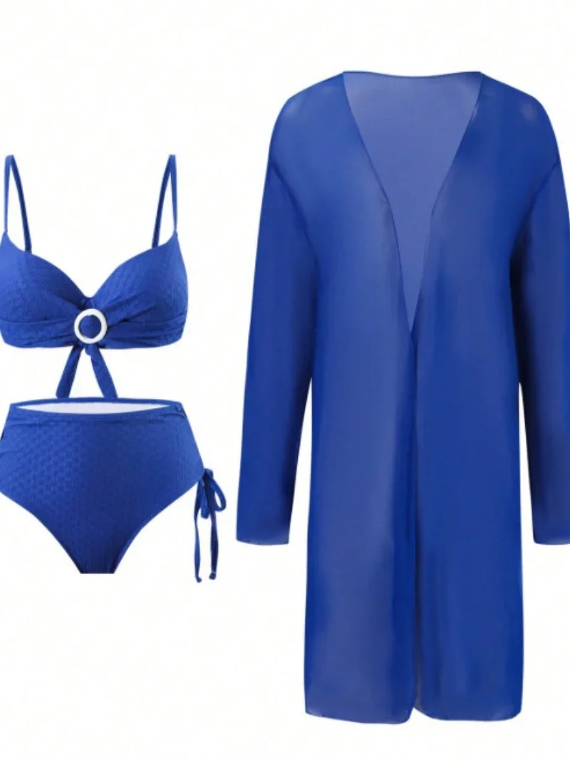 Holiday Long Sleeve Cover Up 3 Piece Bikini Set 2025 Women Metal Buckle Push Up High Waist Swimsuit Beach Bathing Suit Swimwear