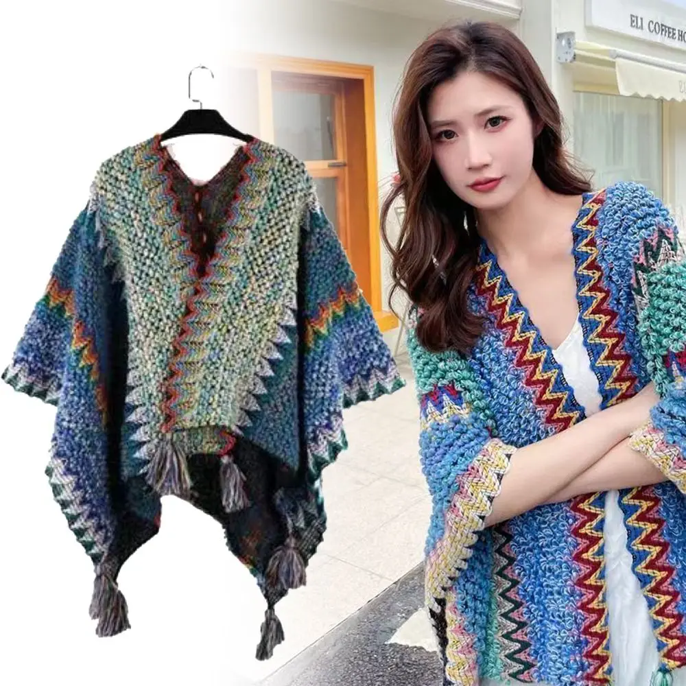 

Bohemian Mongolian Poncho Ethnic Style Winter Warm Cardigan Tassel Shawl Polyester Striped Knitting Wrap Coat Overlays For Woman