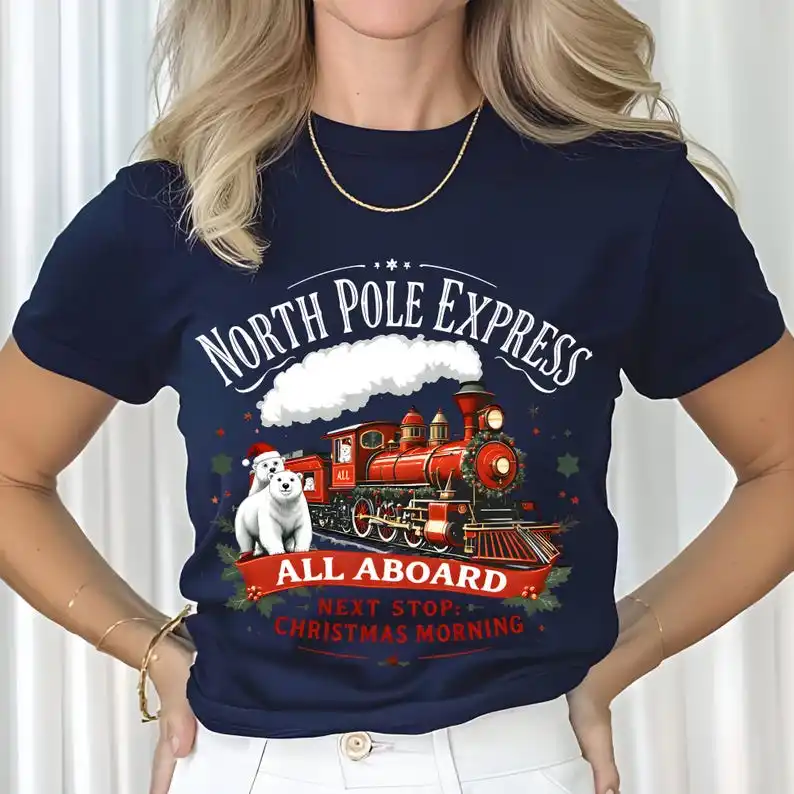 North Pole Express T Shirt, Holiday Graphic Tee, All Aboard Christmas Morning Gift Women Cotton T Shirt Women Clothing Y2k Top
