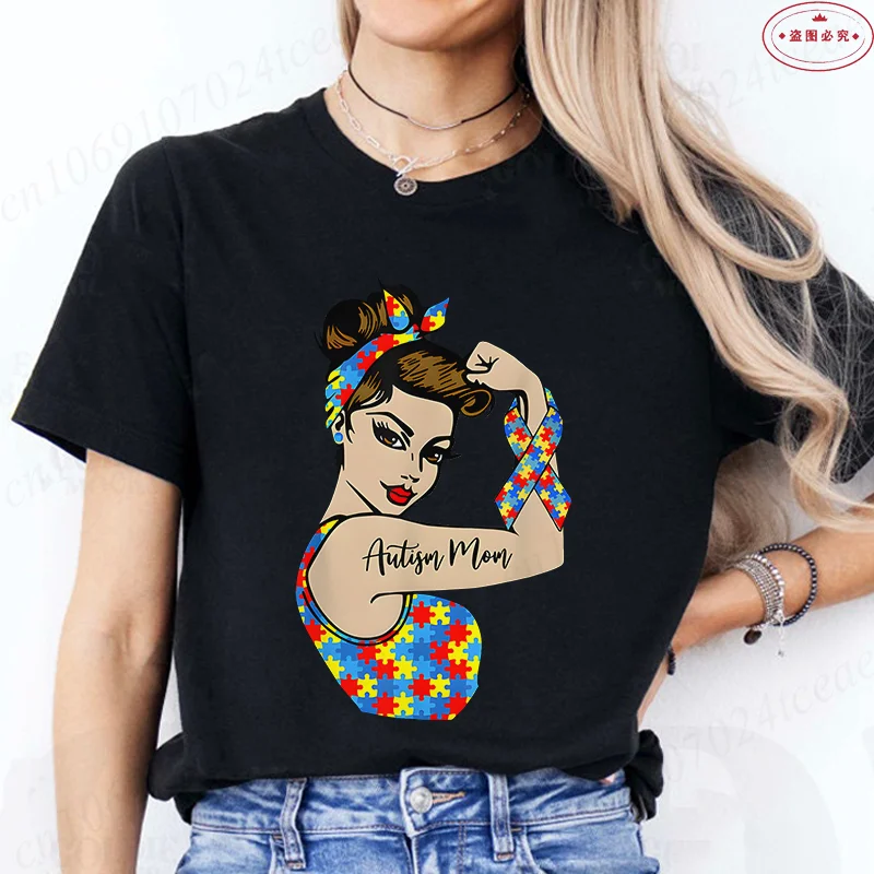 Autism Mom T-Shirt for Women Fashion Awareness Graphic Y2k Tops Casual Short Sleeve Tees Harajuku Oversized Female Clothing