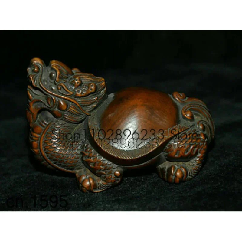 

FengShui Chinese Boxwood Wood Hand Carved Longeity Wealth Dragon Turtle Statue