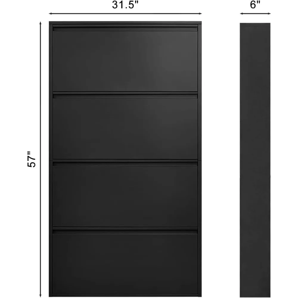 Shoe Storage Cabinet with 4 Flip Drawers, Wall Mounted Metal Shoe Organizer for Entryway, Slim Flip Drawer Steel Shoe Cabinet