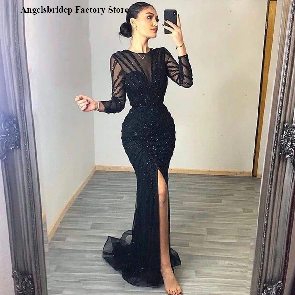 

Black Mermaid Evening Dresses Long 2022 Dubai Side Split Long Sleeve Beads Formal Party Dress Vestido De Noche