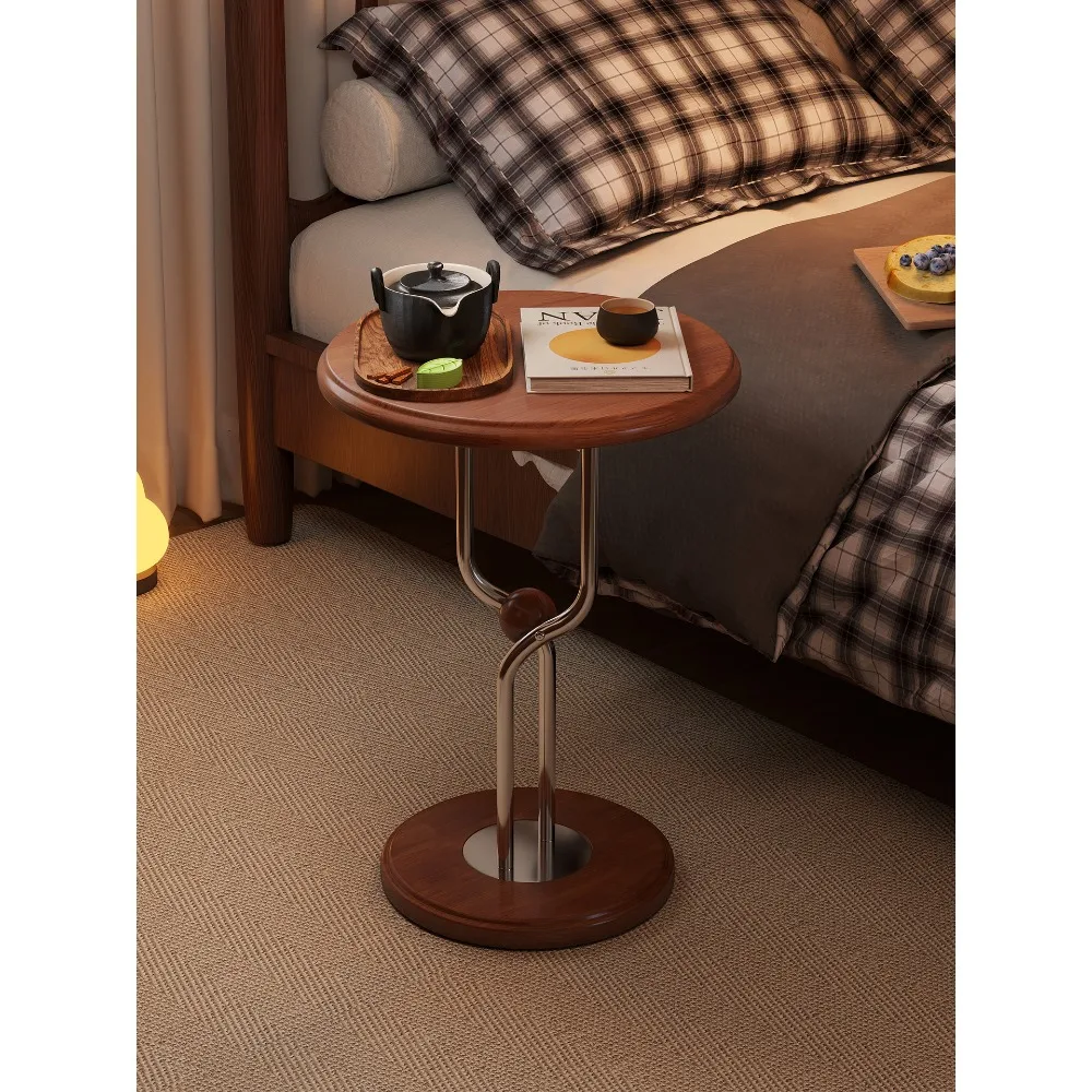 

Side few small apartment sofa round solid wood small coffee table stainless steel storage bedside table