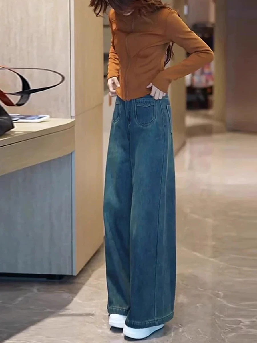 

Джинсы женские прямые с высокой талией, больших размеров, свободного кроя, широкие штанины, длиной в пол, для весны и осени, для фигуры «груша»