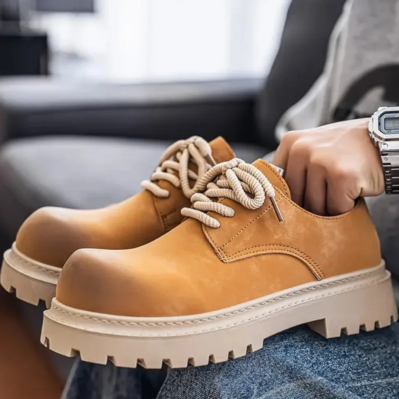 2026 Men Retro Distressed Derby Shoes Luxury Brand Chunky Men Height Increasing Bulky Toe Boots Streetwear Casual Footwear Youth