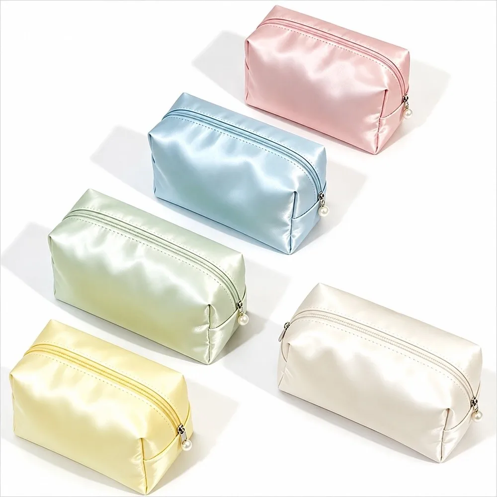 Portable Makeup Bag Simulated Silk Fabric Pearl Zipper Pull Design Cosmetic Storage Bag Large Capacity Thickened