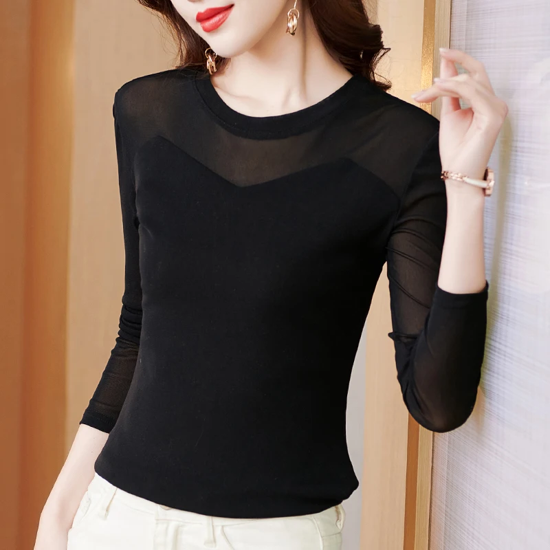 Autumn Spring Mesh T-Shirt Round Collar Solid Color Simple Tops For Women Female Elastic Slim Tees S-3XL