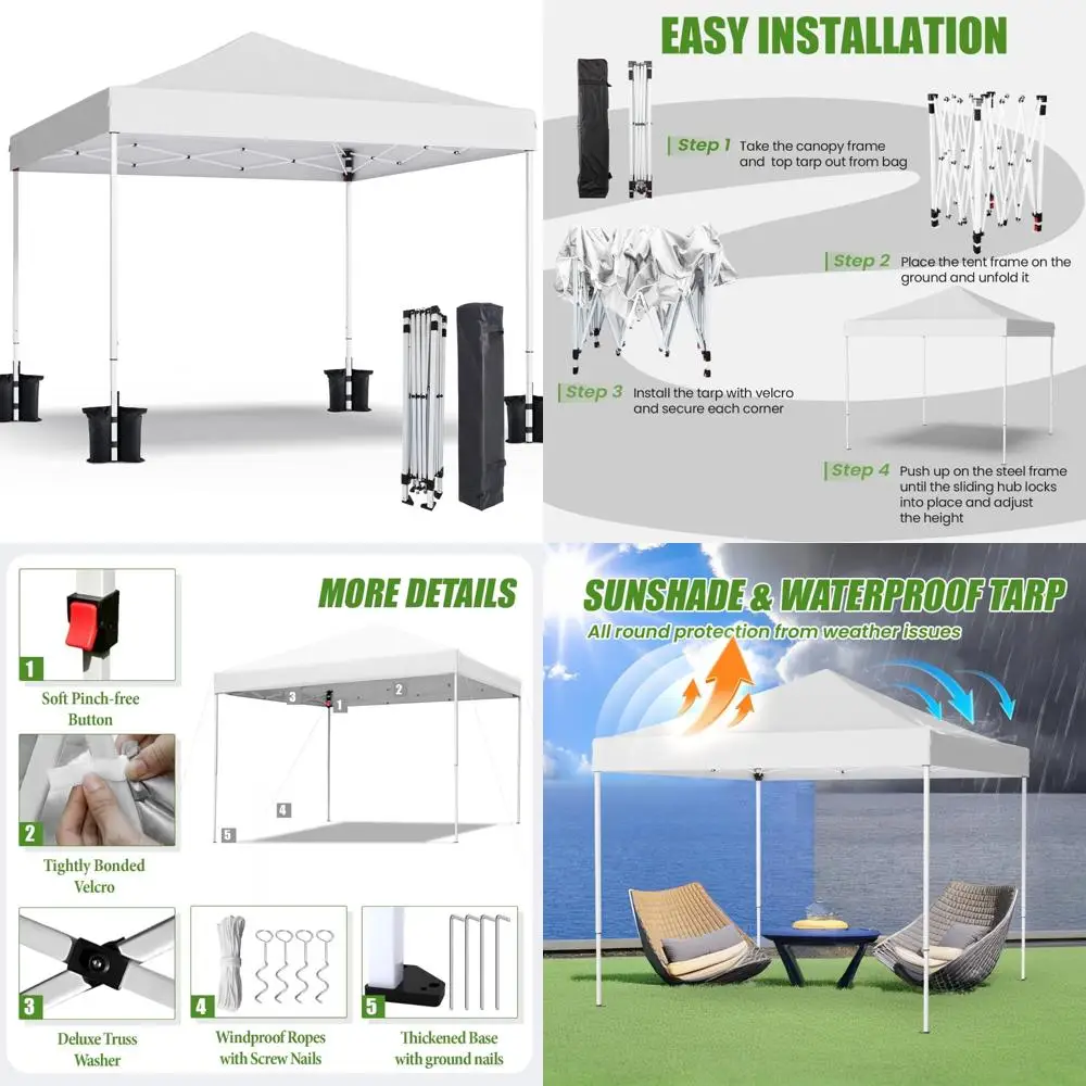 

Heavy-Duty 10x10 Pop Up Canopy Tent with Carry Bag for Outdoor Sun Shelter, Ideal for Parties, Events, Camping, and Beach Use